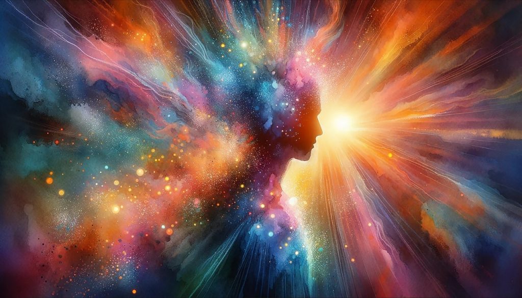 Profilo di una figura umana fatta di colori e luce che si irradia dal volto