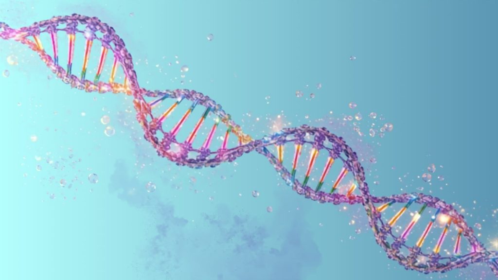 Una doppia elica di DNA colorata su fondo azzurro